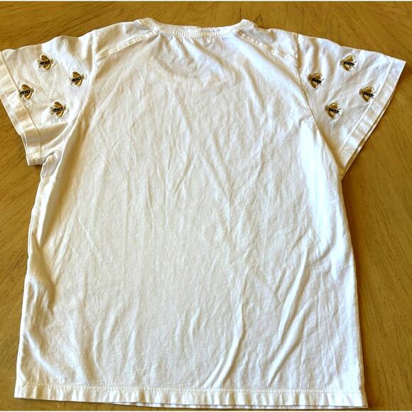 Maje White Tee T-Shirt Bees Gold Embroidered Bee Sleeves RARE Y2K Womens Small - Picture 2 of 6